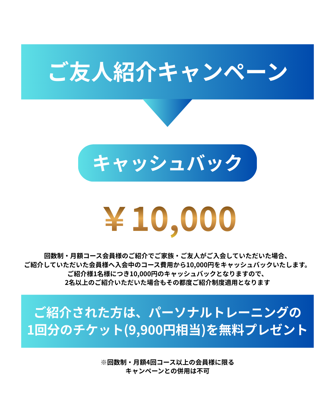 ご友人紹介キャンペーン | 回数制・月額瀬コース会員様のご紹介でご家族・ご友人がご入会していただいた場合、ご紹介していただいた会員様へ入会中のコース費用から10,000円をキャッシュバックいたします | ご紹介様1名様につき10,000円のキャッシュバックとなりますので、2名以上のご紹介いただいた倍もその都度ご紹介制度適用となります | ご紹介された方は、パーソナルトレーニングの1回分のチケット(9,900円相当)を無料プレゼント